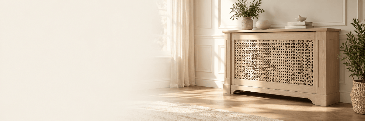 A close-up of a white radiator with a light wood top surface, next to a green potted plant in a home interior setting.