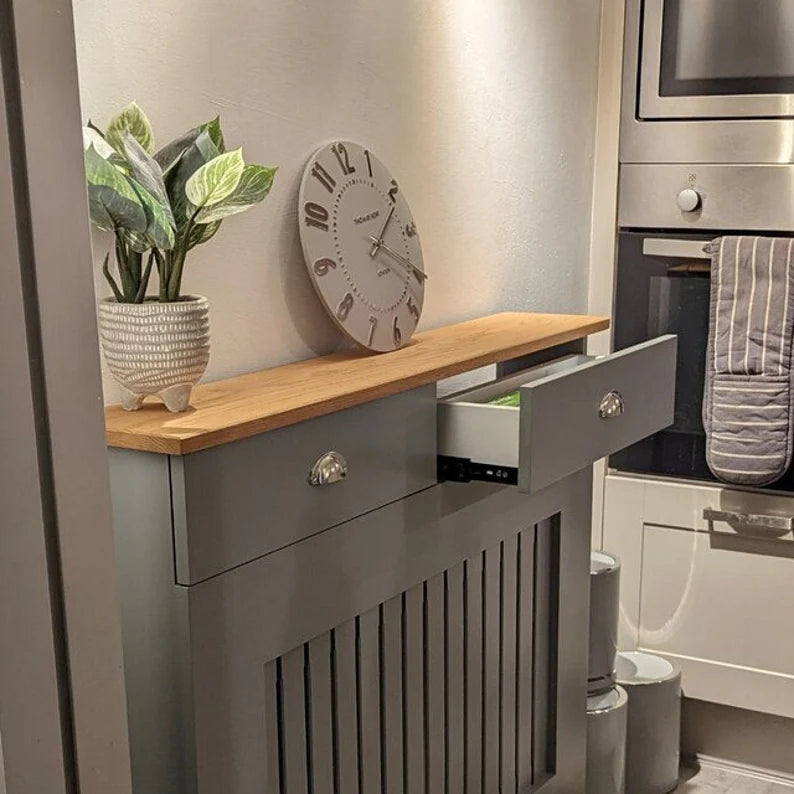 Grey Vertical Slat Radiator Cover with Solid Oak Top & Storage Drawers – Luxury Radiator Cabinet