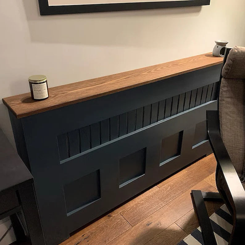 Hague Blue Radiator Cover with Solid Oak Top – Elegant Panel Fretwork Radiator Cabinet