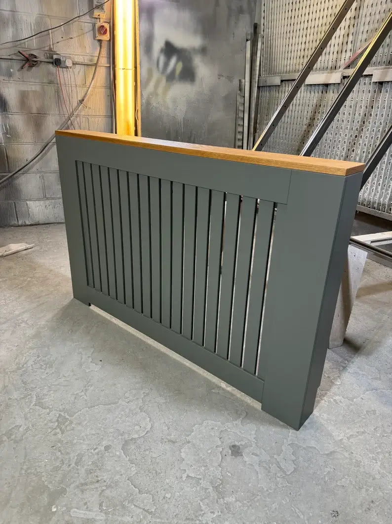Grey Vertical Slat Radiator Cover with Oak Top – Made to Measure