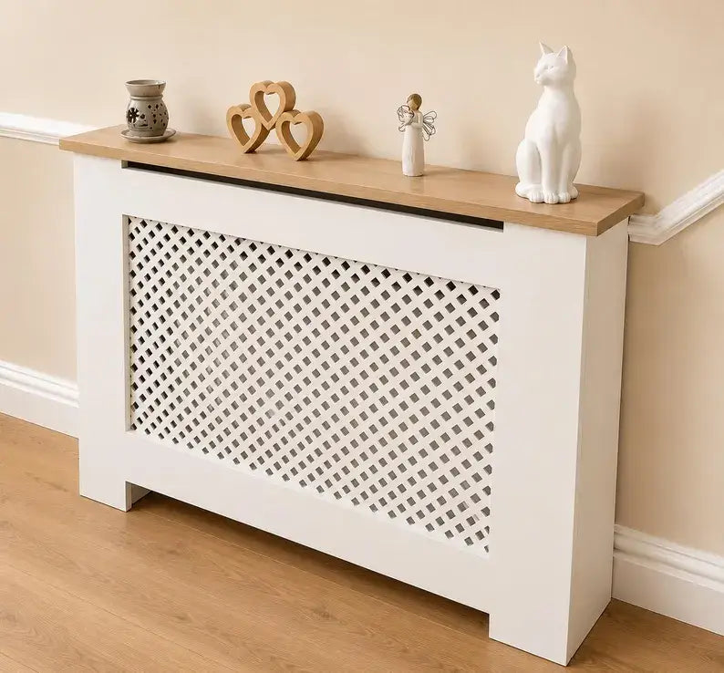 Bespoke Made to Measure Radiator Cover – Oak Veneer Diamond Grid MDF Cabinet