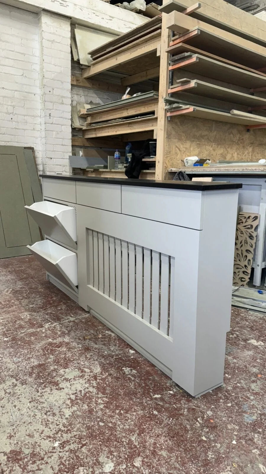 Vertical Slat Radiator Cover with Shoe Storage & Drawers – Modern Multifunctional Radiator Cabinet