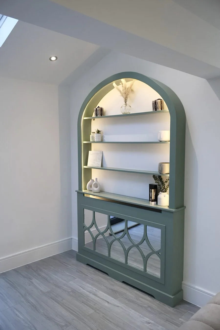 Luxury Mirrored Radiator Cabinet with Curved Bookcase & LED Lighting – Unique Storage Bookshelf