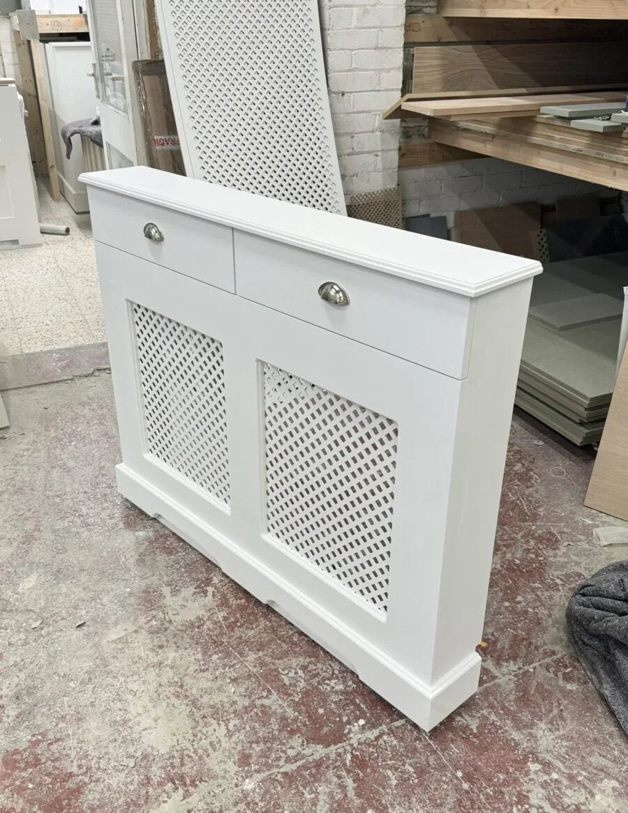 White Regency Grille Radiator Cover with Storage Drawers – Elegant Decorative Radiator Cabinet