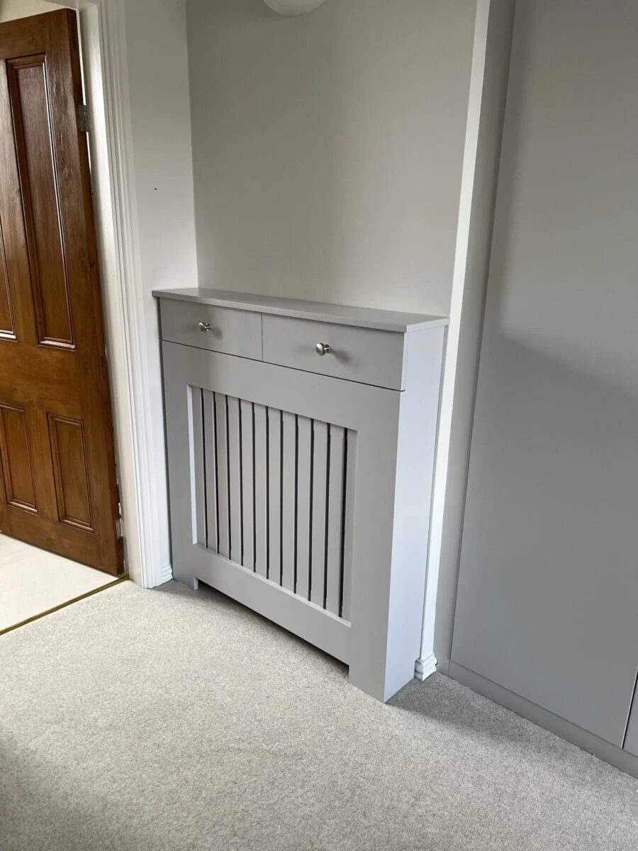 Narrow Vertical Slat Radiator Cover with Storage Drawers – Elegant Pavilion Gray Radiator Cabinet