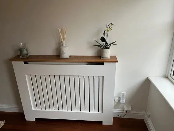Vertical Slat Radiator Cover with Walnut-Finished Solid Oak Top – Luxury Wooden Radiator Cabinet