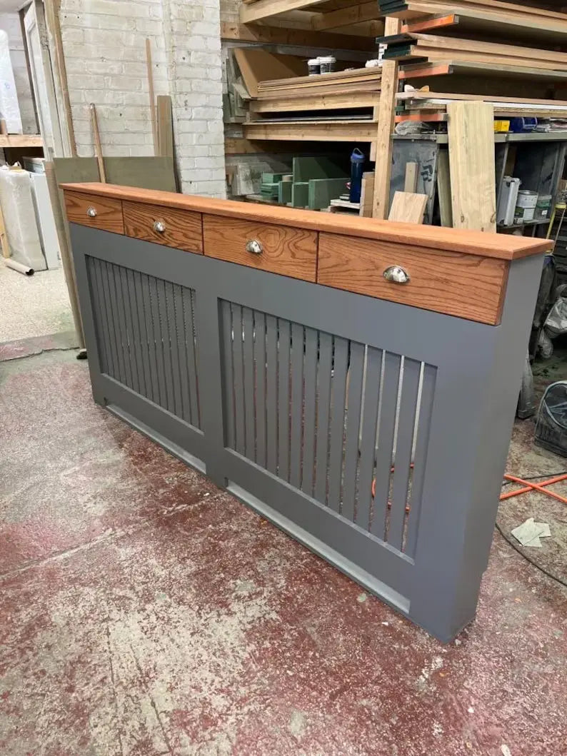 Grey Vertical Slat Radiator Cover with Solid Oak Drawers and Solid Oak Top – Luxury Storage Radiator Cabinet