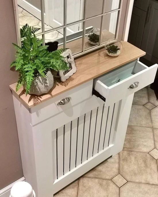Vertical Slat Radiator Cover with Solid Oak Top & Storage Drawers – Luxury Radiator Cabinet