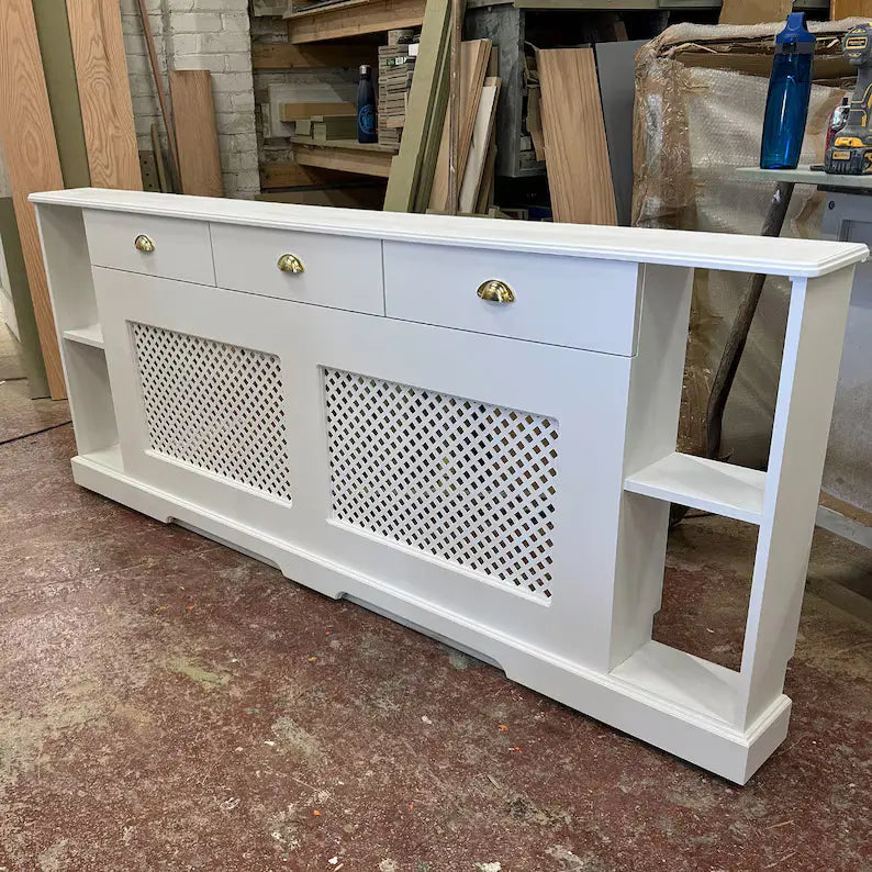 Regency Grille Radiator Cover with Side Shelves and Drawers – Elegant Storage Radiator Cabinet