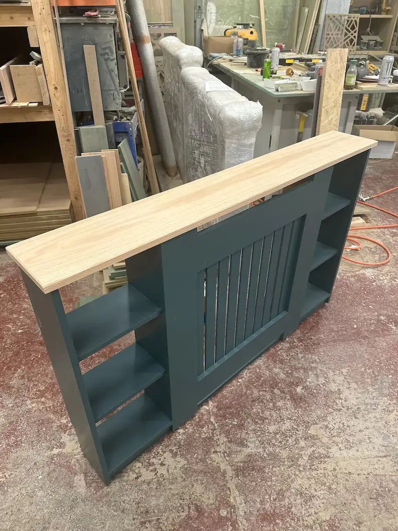 Vertical Slat Radiator Cover with Integrated Side Shelves – Modern Radiator Cabinet with Storage